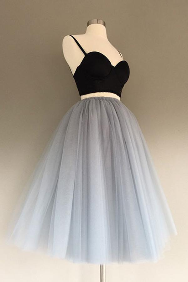 Charming Gray Tulle A-Line Two Piece Homecoming Dress, Graduation Dress