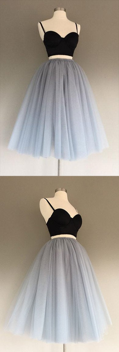 Charming Gray Tulle A-Line Two Piece Homecoming Dress, Graduation Dress
