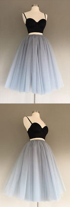 Charming Gray Tulle A-Line Two Piece Homecoming Dress, Graduation Dress