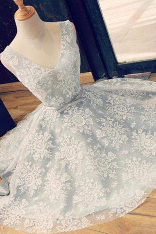 Light Blue A-Line V-Neck Lace Backless Homecoming Dresses with Belt