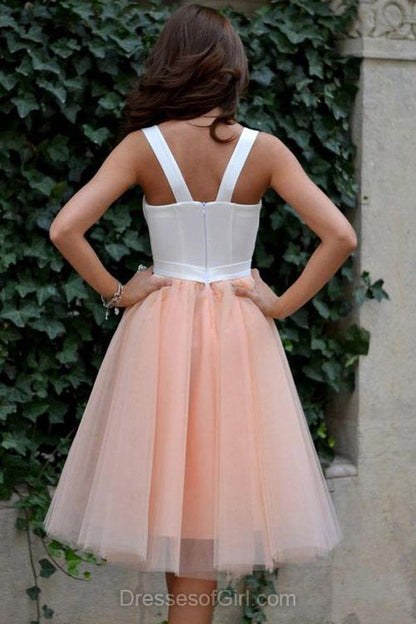 Rosa Tüll Knielanges Homecoming-Kleid, Sweet 16 Kleider für Teenager
