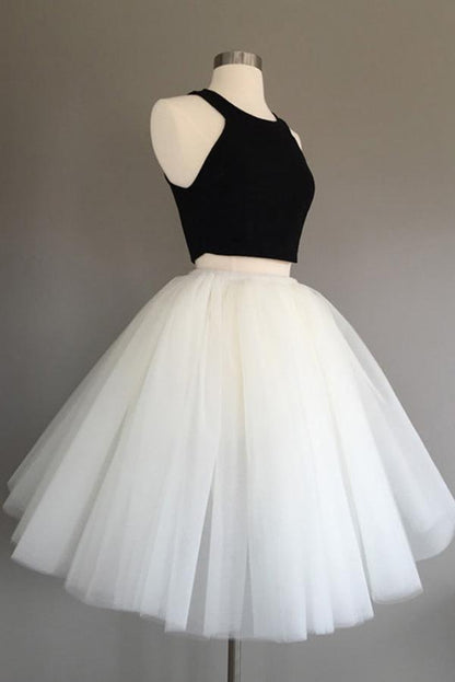 Elfenbeinfarbenes, zweiteiliges, knielanges, ärmelloses, kurzes Homecoming-Kleid aus Tüll mit Neckholder