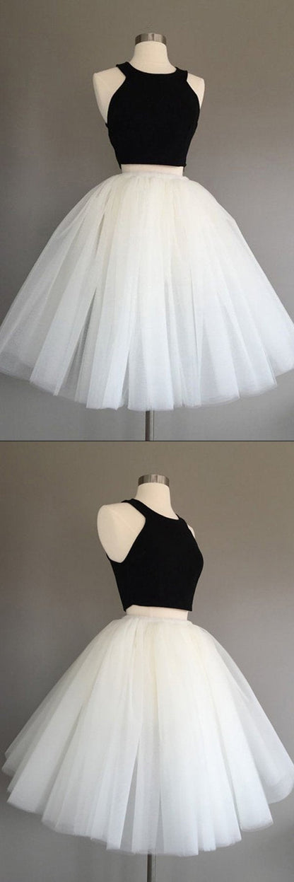 Elfenbeinfarbenes, zweiteiliges, knielanges, ärmelloses, kurzes Homecoming-Kleid aus Tüll mit Neckholder
