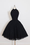 A Line Open Back Black Halter Homecoming Dress, Short Prom Dress