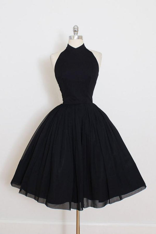 A Line Open Back Black Halter Homecoming Dress, Short Prom Dress, MH123