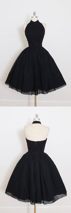 A Line Open Back Black Halter Homecoming Dress, Short Prom Dress