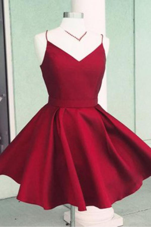 Vestido de fiesta de satén burdeos con tirantes finos, corte A, espalda abierta y lazo