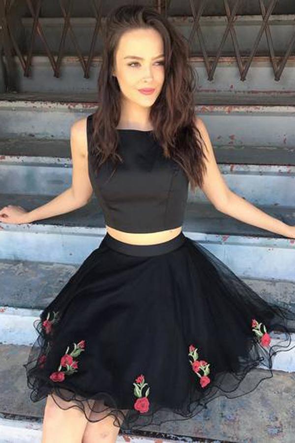 Two Piece Black Unique Short Prom Dress, Homecoming Dresses, Party Dresses