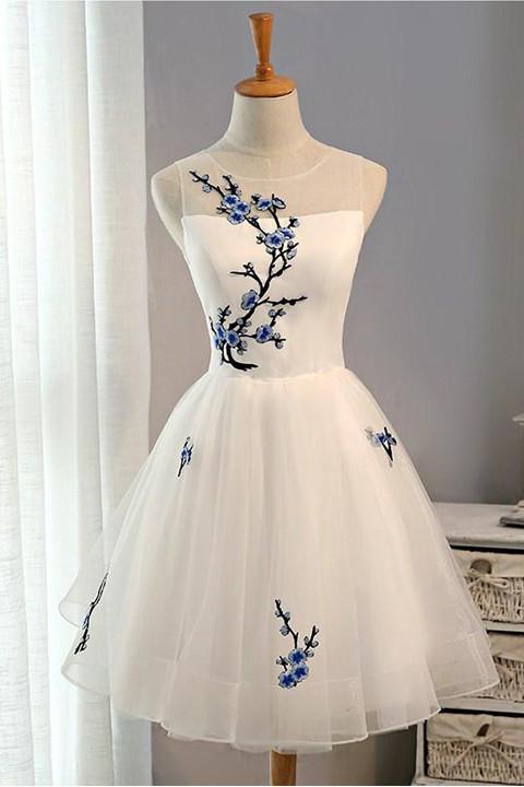 Tulle A-line Embroidery Flowers Cheap Homecoming Dress Short Prom Dresses