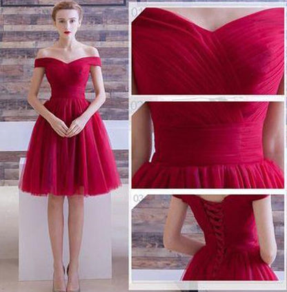Roter Tüll A-Linie Schulterfreies Homecoming-Kleid Kurze Ballkleider 
