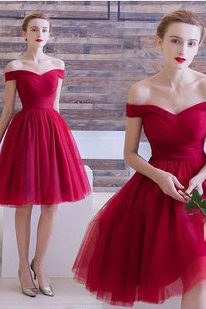 Roter Tüll A-Linie Schulterfreies Homecoming-Kleid Kurze Ballkleider 