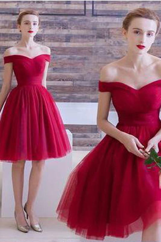 Red Tulle A Line Off The Shoulder Homecoming Dresses Short Prom Dresses