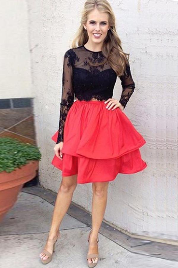 Red Two Piece Black Lace Skirt Long Sleeves Homecoming Dress, Short Prom Dress
