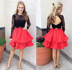 Red Two Piece Black Lace Skirt Long Sleeves Homecoming Dress, Short Prom Dress