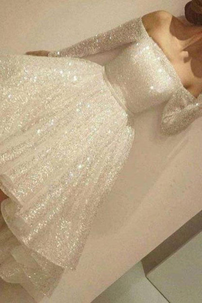 Glänzendes schulterfreies A-Linien-Heimkehrkleid, asymmetrisches Ballkleid, kurz,