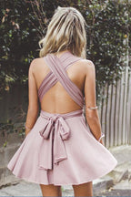 A-Line Deep V-Neck Blush Criss-Cross Straps Satin Homecoming Dresses
