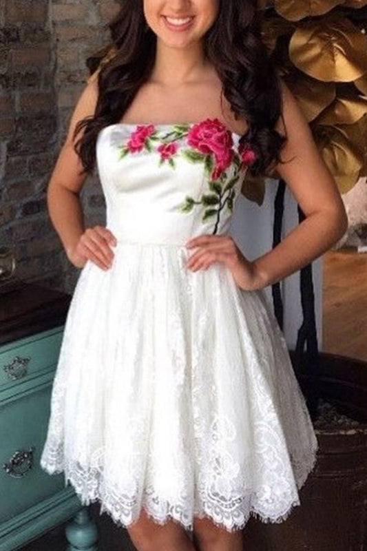 Vestidos de fiesta sencillos, blancos, sin tirantes, con hombros descubiertos y estampados florales para niñas