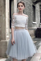 Lace Two Pieces Off Shoulder Half Sleeves Short Homecoming Dresses