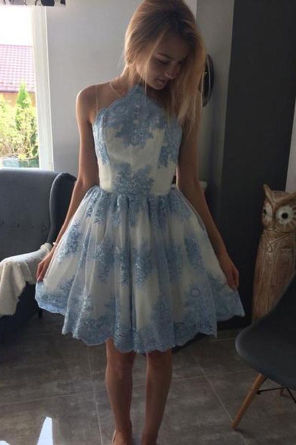 Blaues A-Linien-Prinzessin-Abendkleid im ärmellosen Stil, kurzes Ballkleid mit Applikationen
