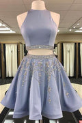 Two Piece A-Line Jewel Sleeveless Short Prom Dress, Homecoming Dress With Beading