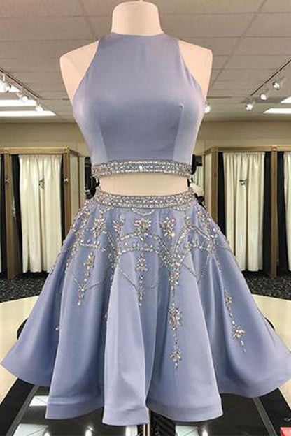 Zweiteiliges A-Linien-Juwelen-ärmelloses kurzes Ballkleid, Homecoming-Kleid mit Perlen 