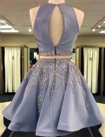 Zweiteiliges A-Linien-Juwelen-ärmelloses kurzes Ballkleid, Homecoming-Kleid mit Perlen 
