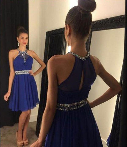 Vestidos de fiesta cortos de gasa con escote halter, corte en A y escote en forma de corazón con cuentas, vestido de regreso a casa 