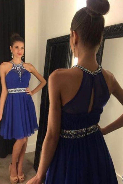 Vestidos de fiesta cortos de gasa con escote halter, corte en A y escote en forma de corazón con cuentas, vestido de regreso a casa 