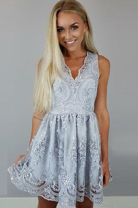 Vestido de fiesta de satén con encaje hasta la rodilla, corte A y escote en V, vestidos de bienvenida