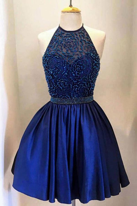 Königsblaues Taft-Heimkehrkleid mit hohem Halsausschnitt und Perlen 