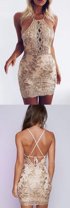 Tight Halter Short Prom Dresses, Homecoming Dresses with Appliques