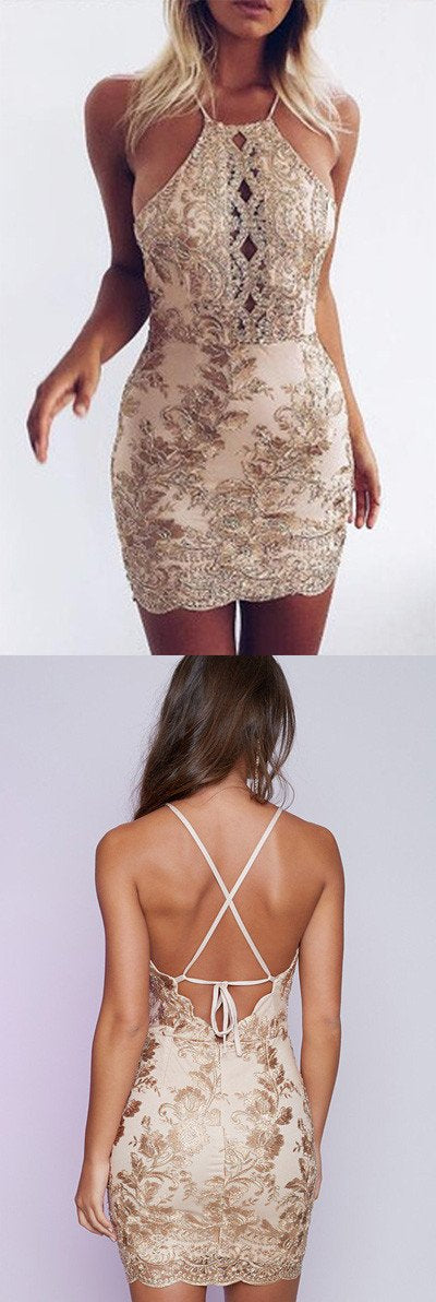 Tight Halter Short Prom Dresses, Homecoming Dresses with Appliques