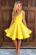 Simple Yellow A-line V Neck Sleeveless Short Homecoming Dresses