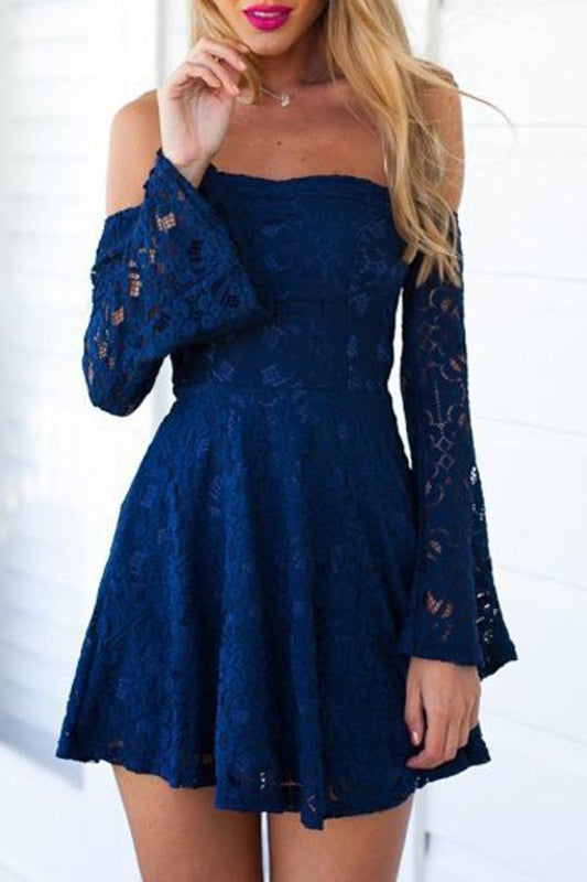 Vestido mini de encaje azul con hombros descubiertos para regreso a casa, vestido de fiesta corto para verano