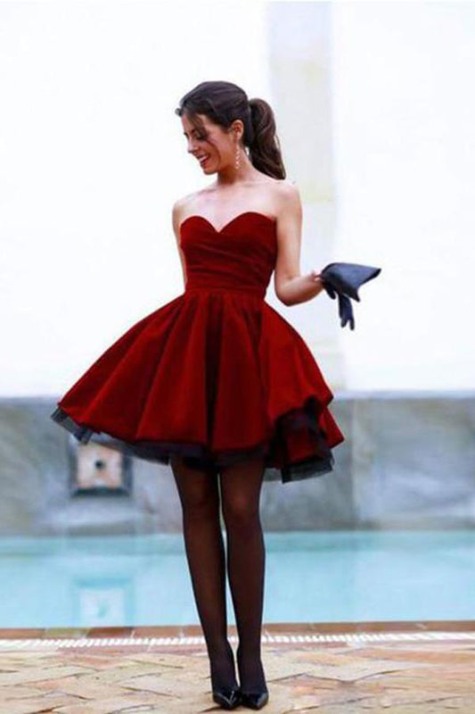Burgunderrotes, schlichtes Homecoming-Kleid mit herzförmigem Ausschnitt, kurzes Ballkleid, MH342 