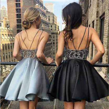 Silver A Line V Neck Spaghetti Straps Short Prom Dress Homecoming Dresses
