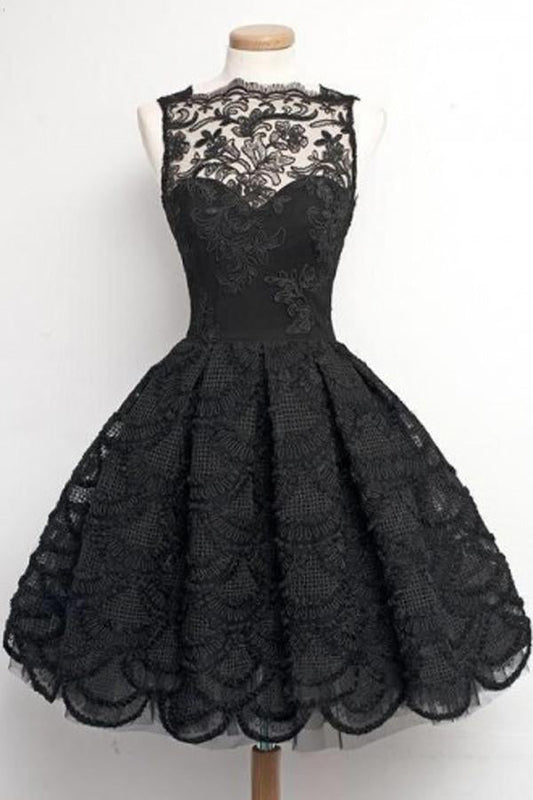 Schwarzes A-Linien-Kleid mit gewelltem Rand im Vintage-Stil, kurzes Ballkleid