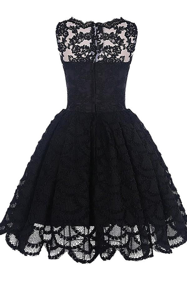 Vestido de fiesta vintage de encaje negro con borde festoneado y corte A, vestido de fiesta corto 
