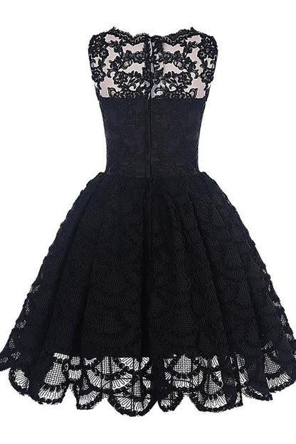 Black Lace A-Line Scalloped-Edge Vintage Homecoming Dress, Short Prom Dress