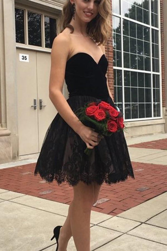 Schwarzes Sweetheart-Heimkehrkleid aus Spitze, kurzes Ballkleid für Mädchen