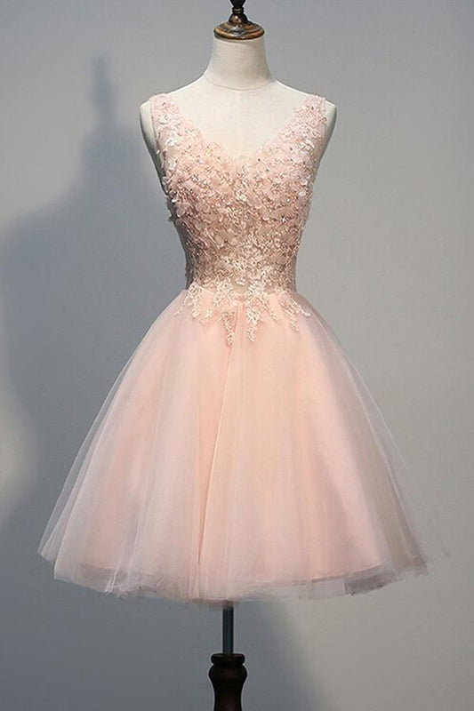 Erröten rosa rückenfreie V-Ausschnitt Spitze Perlen Homecoming Kleider, kurzes Ballkleid 