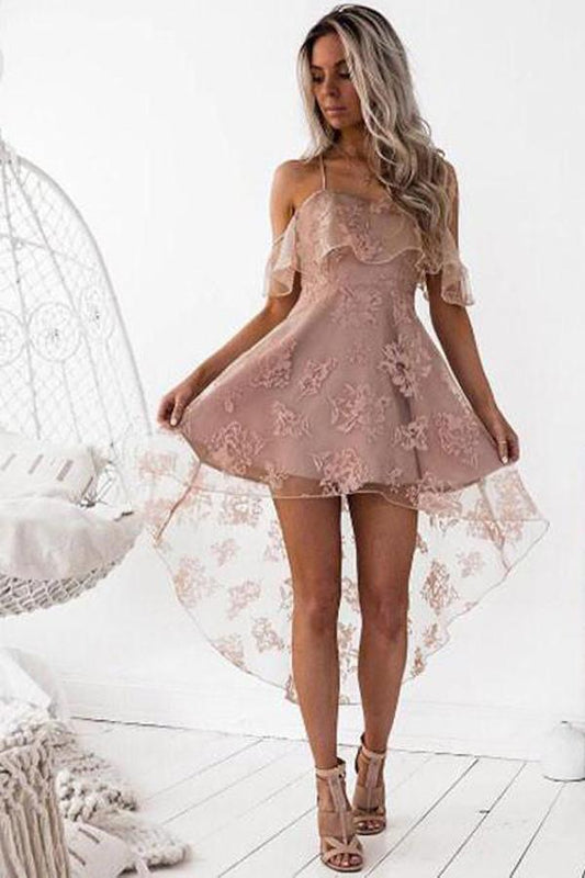 Modisches, schulterfreies A-Linien-Heimkehrkleid mit Spitze in Blush 