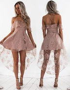 Modisches, schulterfreies A-Linien-Heimkehrkleid mit Spitze in Blush 