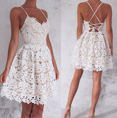 Ivory A-Line Spaghetti Straps Lace-Up Short Prom Dress, Homecoming Dress