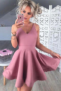 Simple Pink Satin V neck A-line Homecoming Dresses, Graduation Dresses