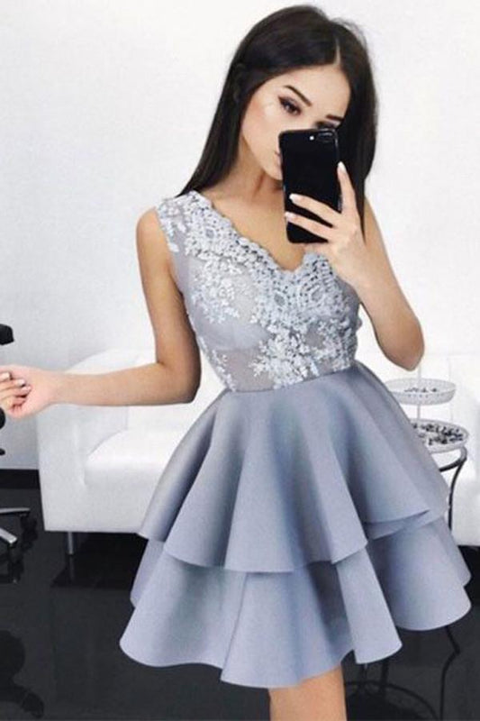 Blue Satin A-line Homecoming Dresses with Appliques, Graduation Dresses