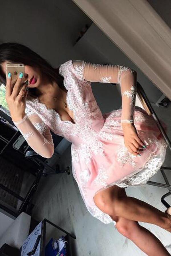 Süßes rosa A-Linien-Ballkleid mit langen Ärmeln und kurzem Schnitt, Homecoming-Kleider online