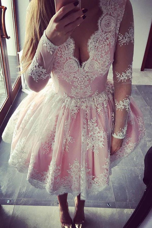 Süßes rosa A-Linien-Ballkleid mit langen Ärmeln und kurzem Schnitt, Homecoming-Kleider online