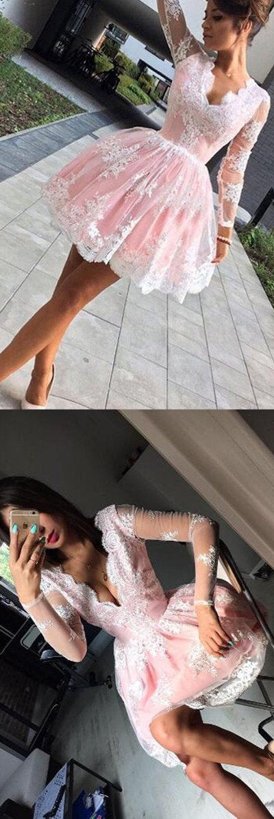 Süßes rosa A-Linien-Ballkleid mit langen Ärmeln und kurzem Schnitt, Homecoming-Kleider online