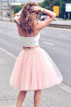 Pink Spaghetti-Strap Two Piece A-line Tulle Short Homecoming Dresses